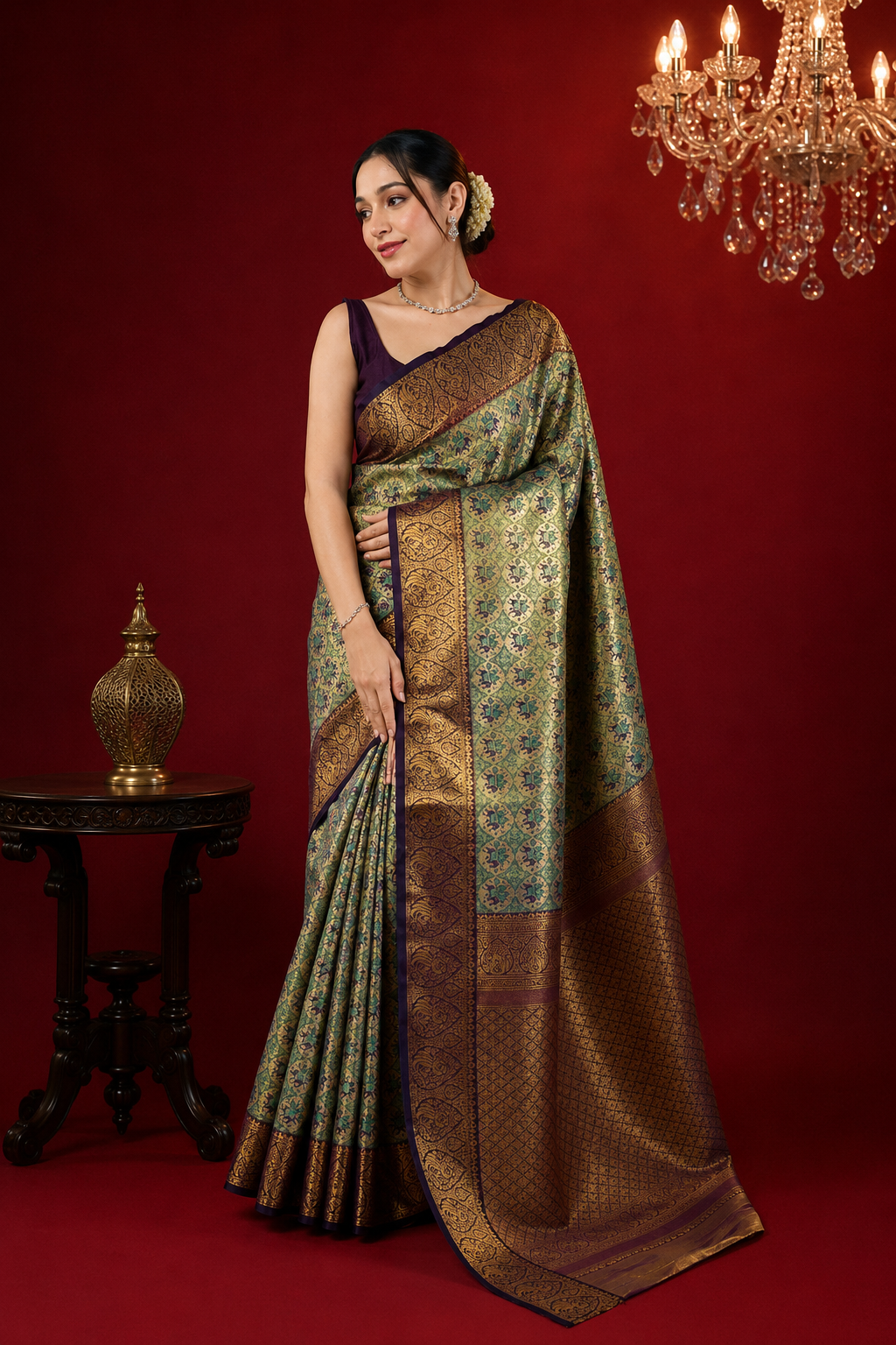 Dharmavaram soft silk saree with zari weaving work.